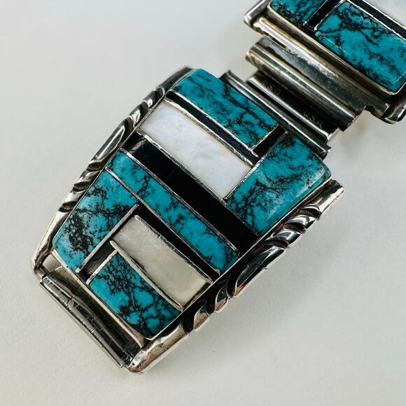 Zuni Sterling Silver, Turquoise and Mother of Pearl Watch Band Tips - Picture 3 of 8